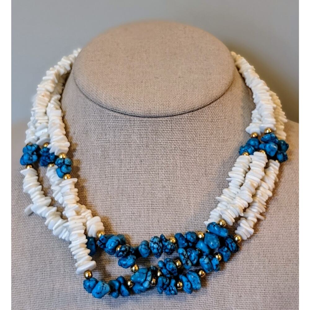 Faux Puka Blue Stone Gold Bead Triple Strand Necklace W/ Barrel Clasp